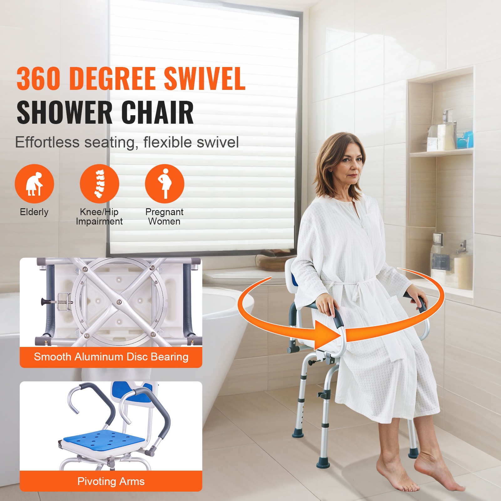 Swivel Shower Chair With Rotating Seat And Pivoting Armrests_voghion.com